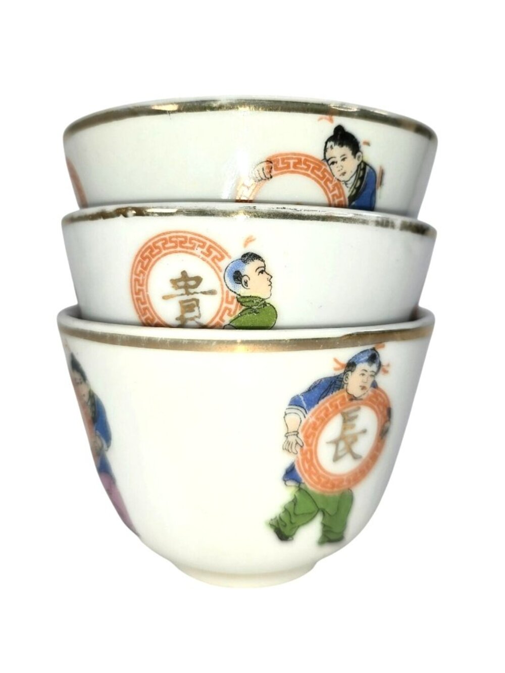 Chinese Porcelain Rice Bowls or Tea Cups With Children & Symbol Design Set JE117
